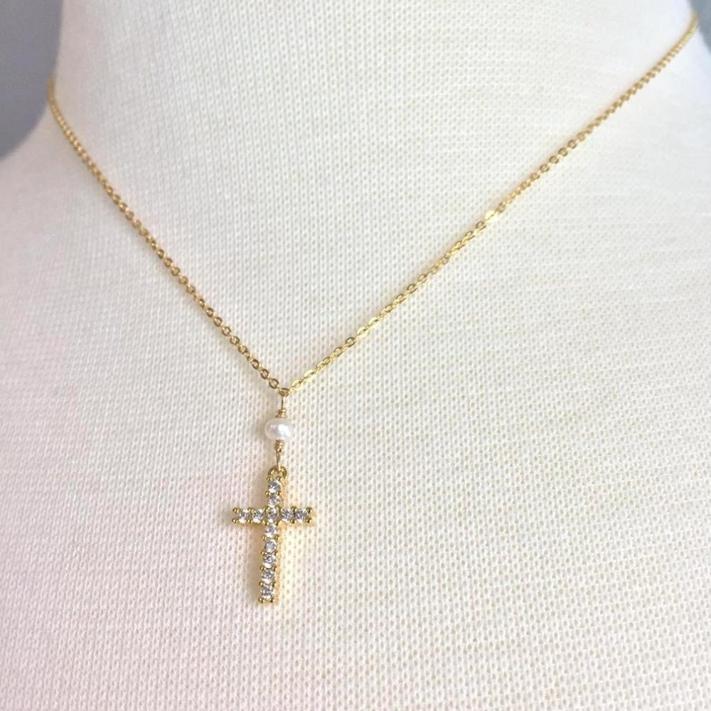 Tiny White Pearl CZ Cross Necklace — Gold